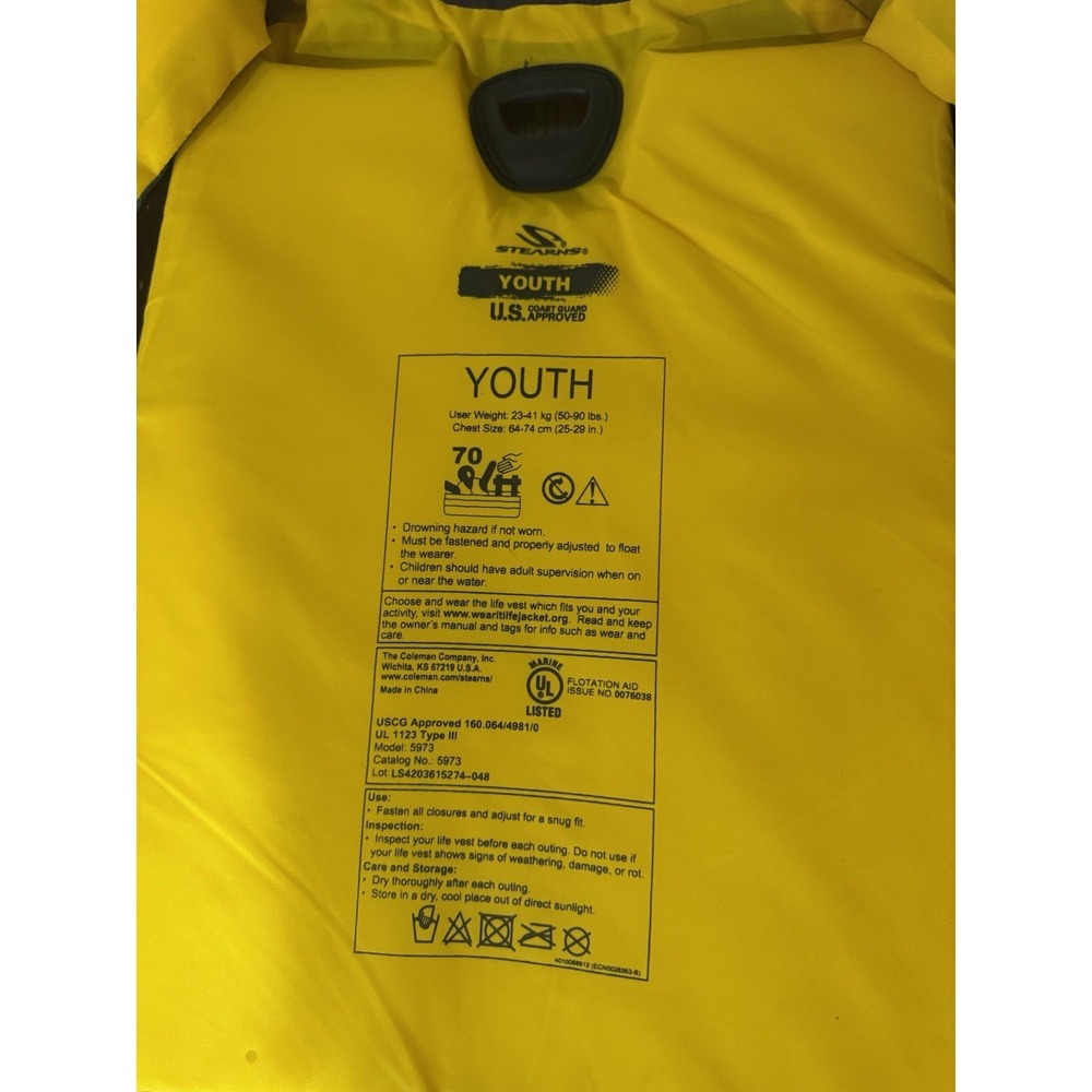 Stearns Youth Life Jacket US Coast Guard Approved 50-90 lbs Yellow Gray PFD - Picture 3 of 6